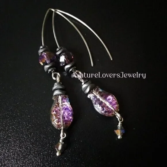 Purple + Black Iridescent Glass Fish Danglers ~ Goth + Beachy! Sea Life Earrings - Picture 7 of 13